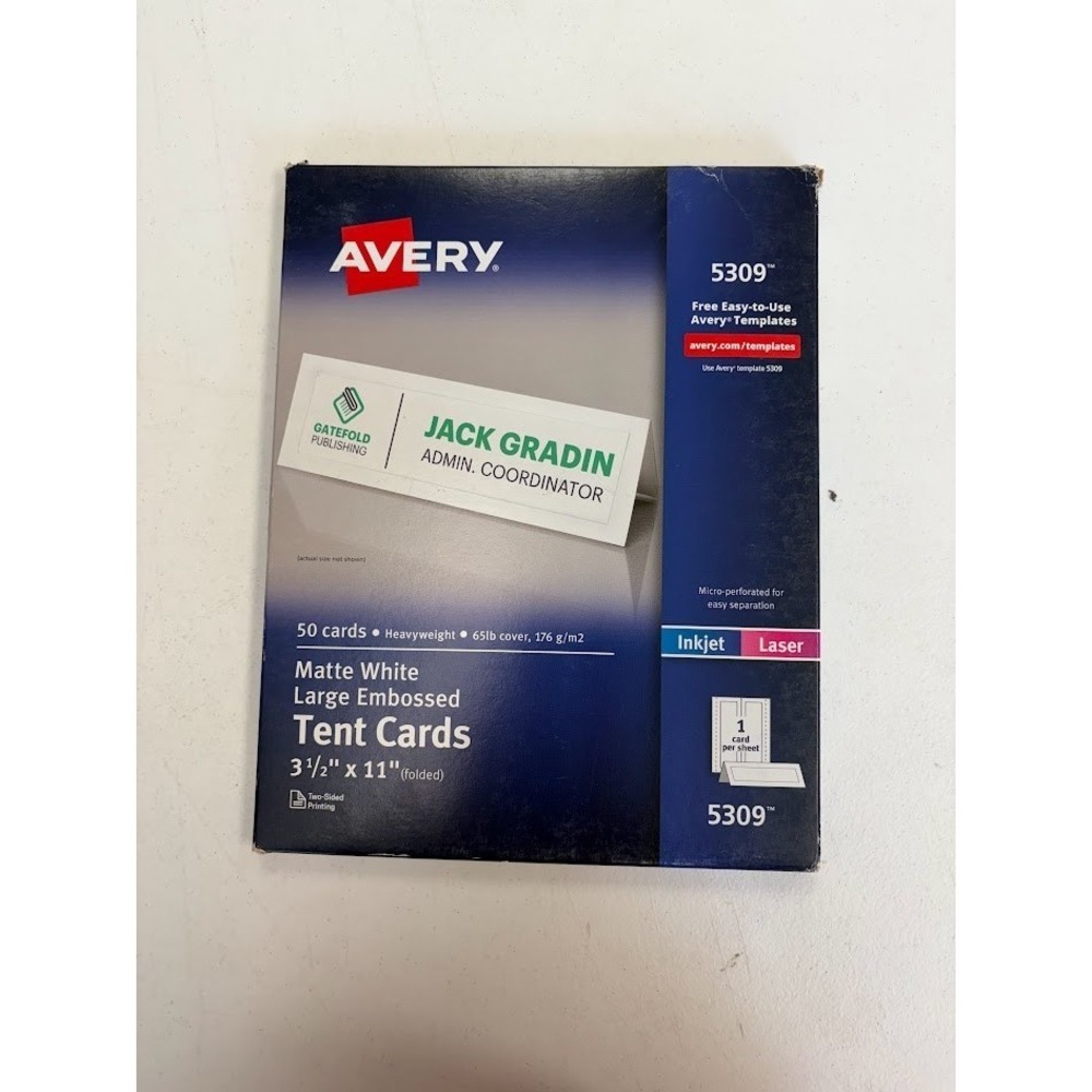 Avery Ink Jet Large Tent Cards Embossed White 3.5" x 11 50 Cards #5309 NEW